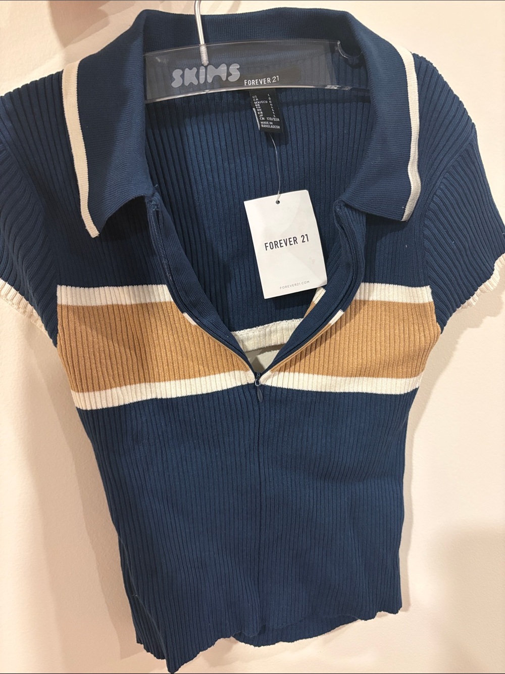 Forever 21 Navy Polo Top with Tan & White Stripe Accents